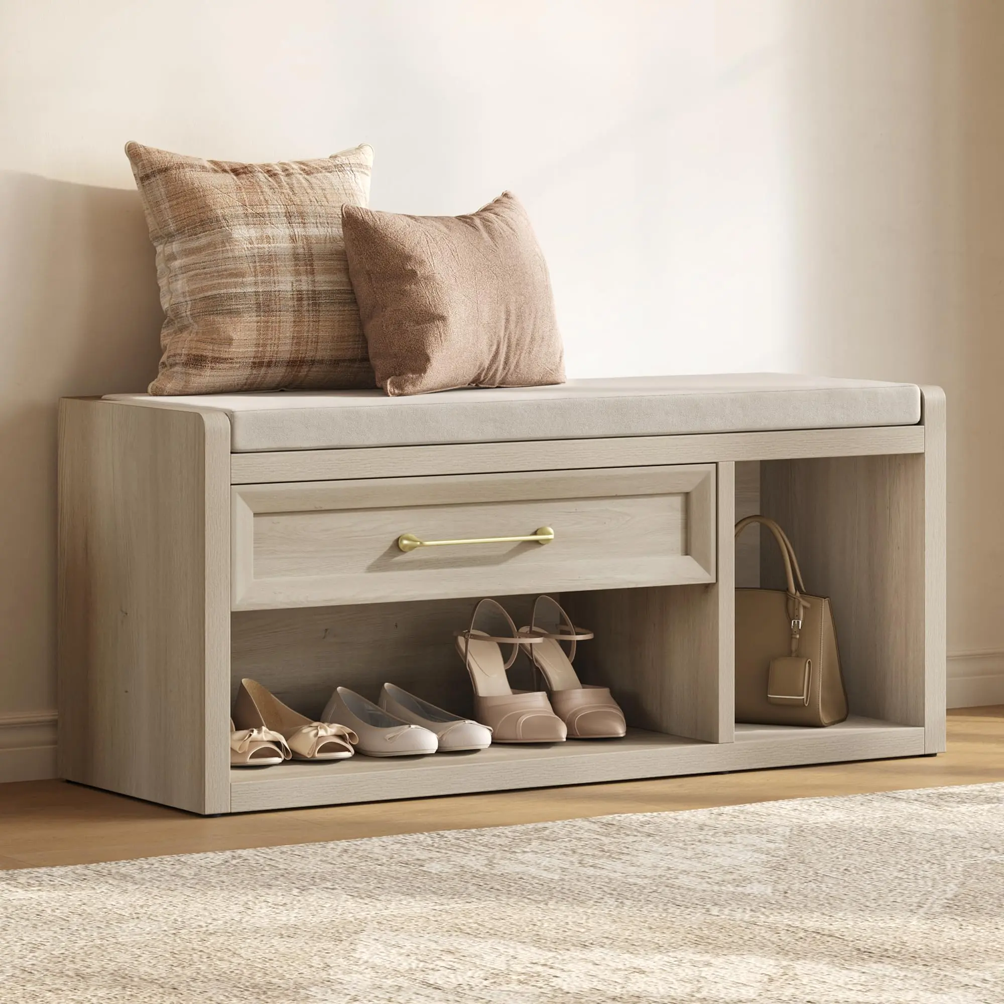 SICOTAS Oak Finish Farmhouse Shoe Bench with Storage - 43.3" Extra Wide Entryway Bench, Cushioned 18.9" Comfort Height Seat, Hidden Drawer, Tall Shelf, Oak Hallway Bedroom Furniture Organizer