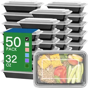 32 oz Reusable Meal Prep Containers (50 Pack, 100 Pieces) with Easy-Open Sturdy Leakproof Food-Safe Lids, Microwave Freezer Dishwasher Safe Black Plastic Food Storage Containers for To-Go Use