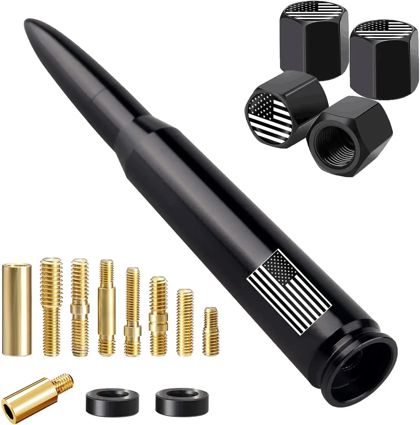 American Flag Car Truck Antenna with Valve Stem Caps, Universal Mast for GM Chevy Silverado 1500 2500 3500 HD Avalanche Ford F150 F250 F350 Denali Heavy Duty Pickup Trucks Accessories