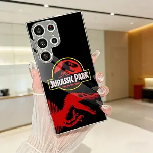 Jurassic Park Phone Case Luxury Electroplated Metal Frame Case for Samsung Galaxy S25 S24 S23 Ultra, Mirror Tempered Glass Back, Slim Shockproof Anti-Scratch Protective Cover, Matte Finish, Camera Protection, Premium Feel