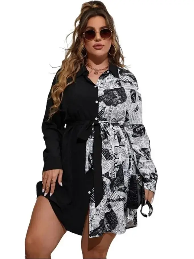 Plus Newspaper Print Drop Shoulder Longline Shirt Casual Comfort