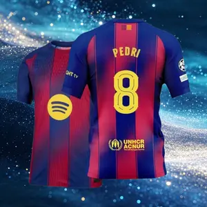 8# Pedri 25 26 Home Red And Blue Short Sleeve Soccer Jersey Fans Version