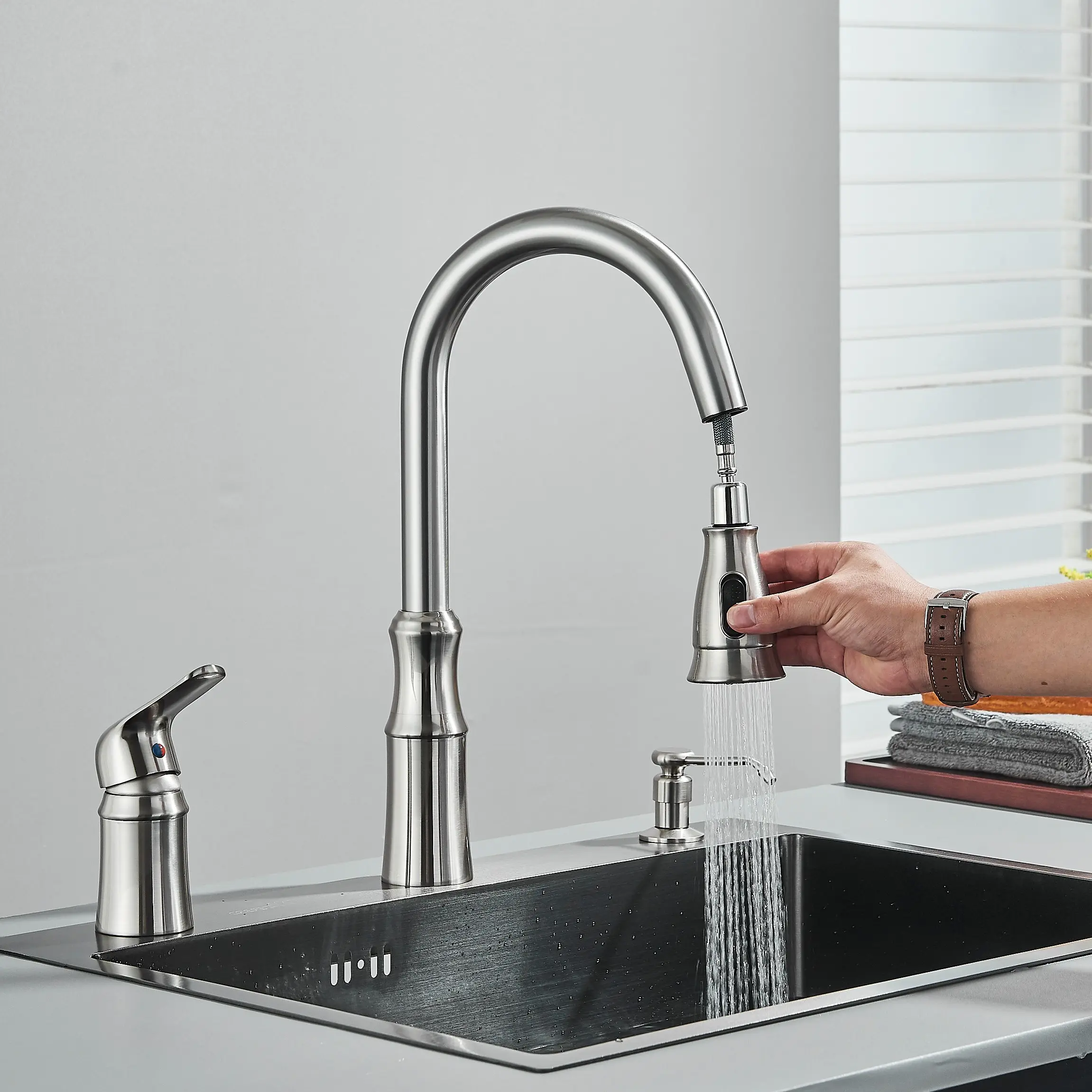 Brushed Nickel 3-Hole Modern Spray Pullout Kitchen Faucet, Side Single Handle, Pull Down Sprayer, Soap Dispenser - Pull Out Kitchen Taps