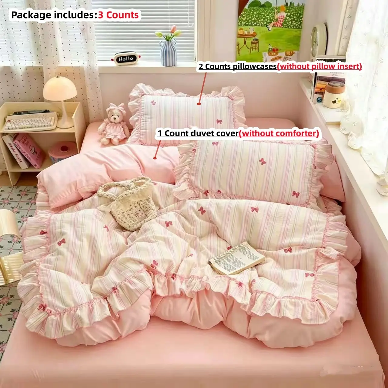 3pcs Bow Bedding Set, Includes 1 Duvet Cover and 2 Pillowcases（without comforter and pillow insert）, Soft Breathable Fabric, All Seasons Use, Comfy Bed Sets