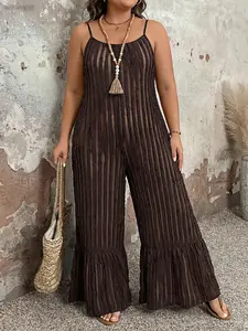 Plus Size Women's Sleeveless Spaghetti Strap Striped Romper, High Waist Adjustable Loose-Fitting Casual Jumpsuit, Summer Vacation & Daily Wear