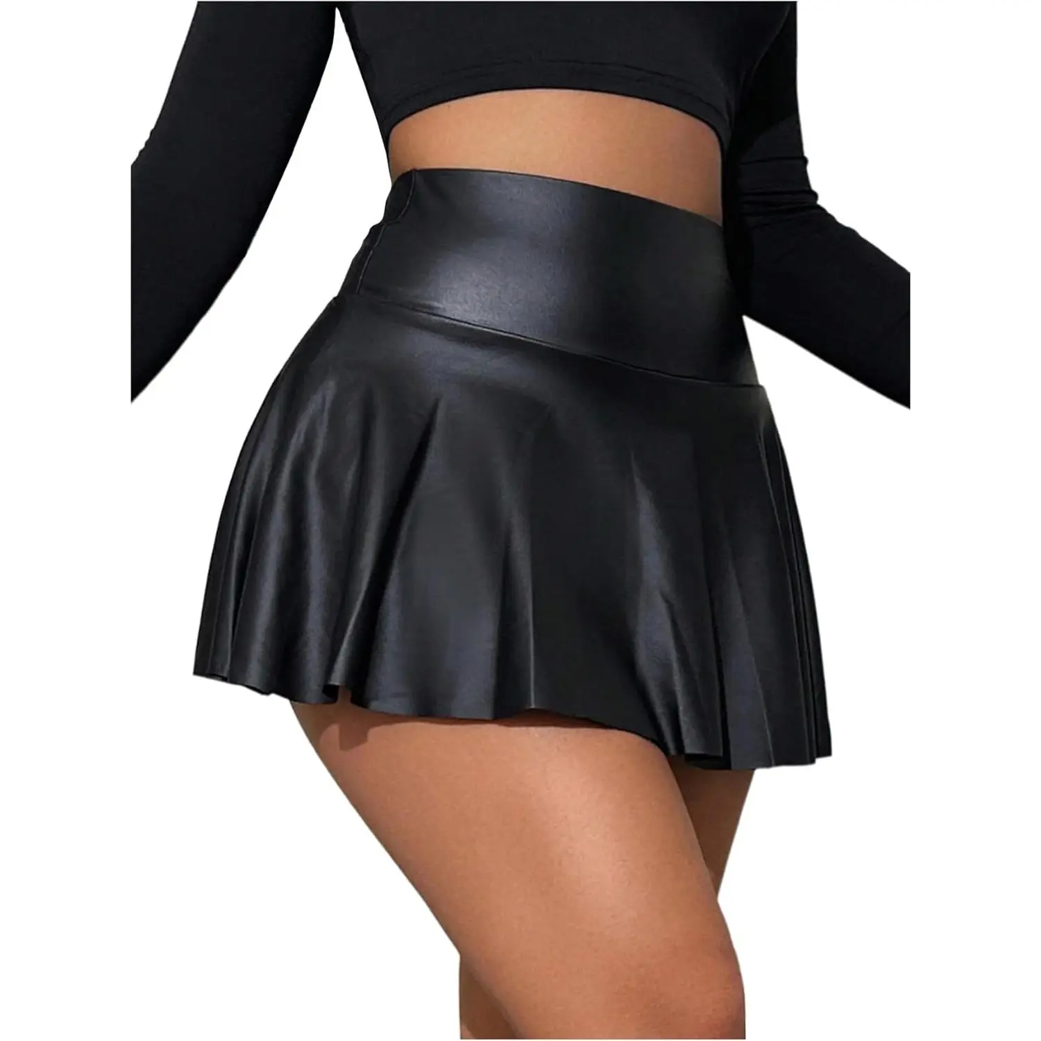 Women's PU Leather Flared Skirt Shorts - High-Waisted Ruffle Mid-Thigh Small Synthetics Skort with Elastic Waist, All-Seasons Casual Wear