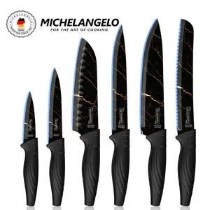 MICHELANGELO Knife Set 6 Piece with Nonstick Marble Ceramic Coating, Handmade Stainless Steel Meat Cleaver Stainless Steel Black Kitchen Knife, Paringknife, Professional Chef Knife