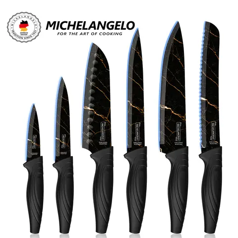 MICHELANGELO Knife Set 6 Piece with Nonstick Marble Ceramic Coating, Handmade Stainless Steel Meat Cleaver Stainless Steel Black Kitchen Knife, Paringknife, Professional Chef Knife