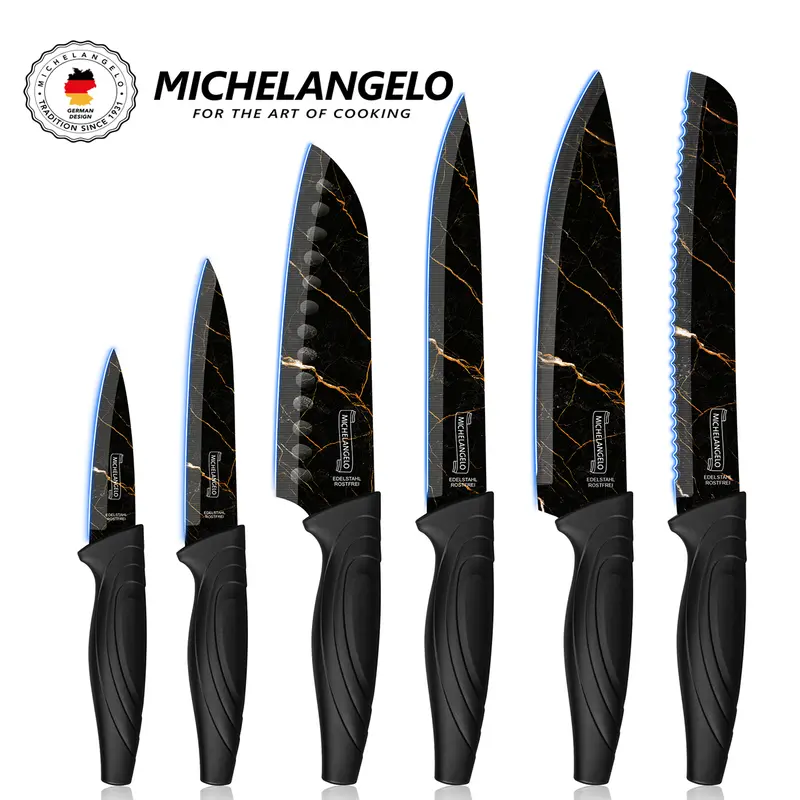 MICHELANGELO Knife Set 6 Piece with Nonstick Marble Ceramic Coating, Handmade Stainless Steel Meat Cleaver Stainless Steel Black Kitchen Knife, Paringknife, Professional Chef Knife