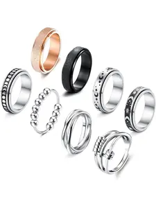 8Pcs Stainless Steel Spinner Rings Fidget Rings for Anxiety for Women Men Anti Anxiety Ring with Beads Flower Moon Star Stress Relieving Rings Set Size 5-10