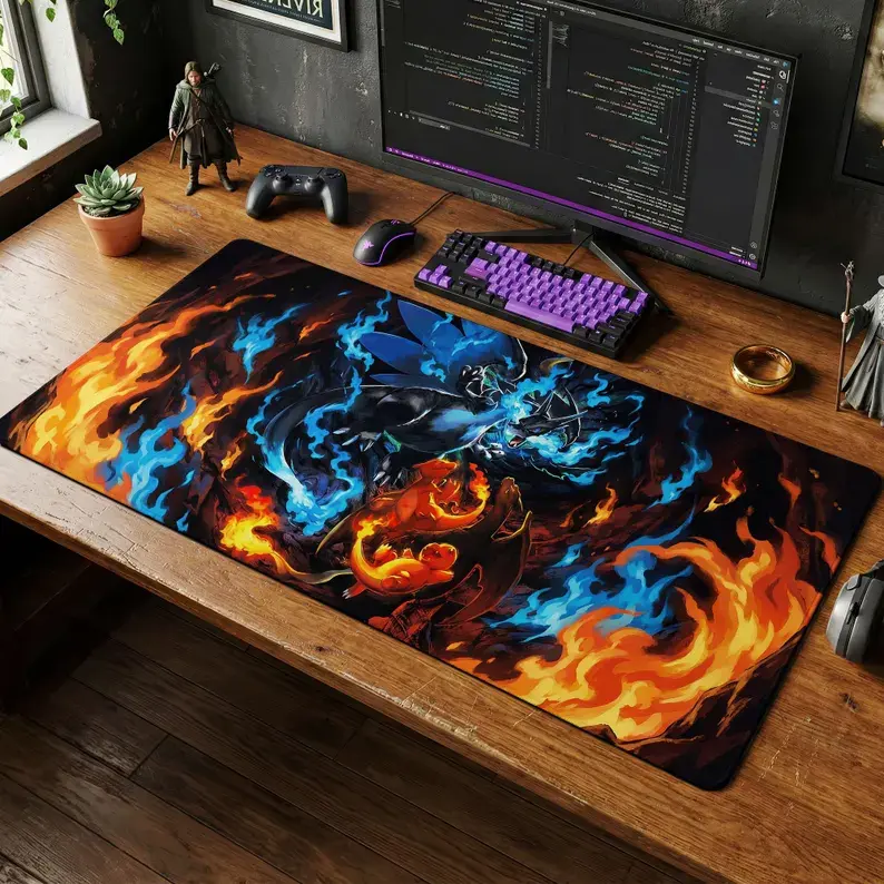 Mega CCharizardd Desk Mat, Evolution Mouse Pad, Blue Fire Anime Gaming Setup