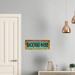 Vintage Style Metal Welcome Sign, Welcome To The Backyard Oasis, Hanging Sign for Backyard Oasis, Patio, Poolside, Or BBQ Areas