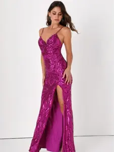 Made for Magic Magenta Sequin Mermaid Maxi Dress, Fabric Fit Formal Satin Womenswear Sheer Spaghetti Straps Stretchy
