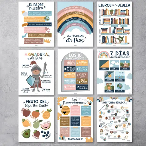 Hadley Designs Bright 11x14 Inch Spanish Kids' Bible Posters (9-Pack) - Bible Study Supplies, Learning Tools to Engage Kids & Enhance Classroom Decor