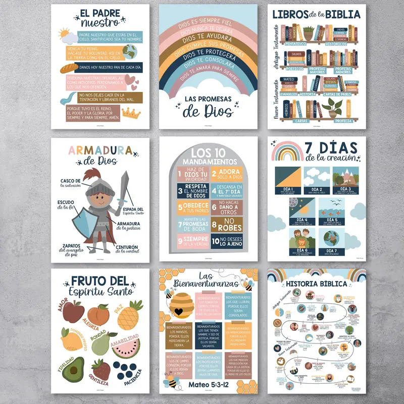 Hadley Designs Bright 11x14 Inch Spanish Kids' Bible Posters (9-Pack) - Bible Study Supplies, Learning Tools to Engage Kids & Enhance Classroom Decor