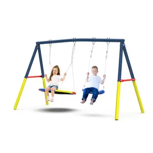 【Holiday Gift】Swing Set for Backyard, Saucer Swing & Belt Swings Seat with Heavy-Duty Metal Frame  and Adjustable Ropes for Kids Outdoor, Safe Waterproof Round Swing for Backyard Playground Park, Playground for Kids, Rainbow Color, Durable