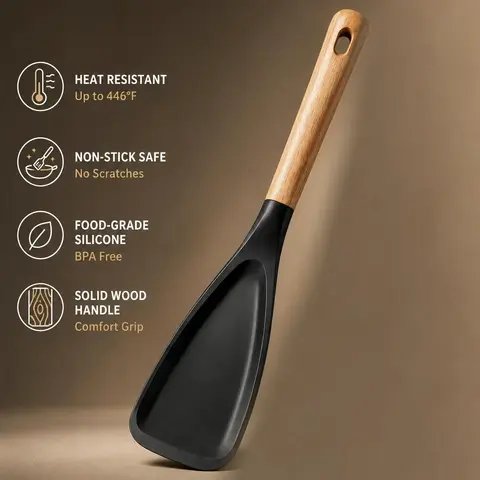 Cooking Spoon for Nonstick Cookwares, Great for Cooking and Serving Durable BPA-Free Matte Silicone, Wood Handle Spoon for Mixing, Scoop, and Scrape