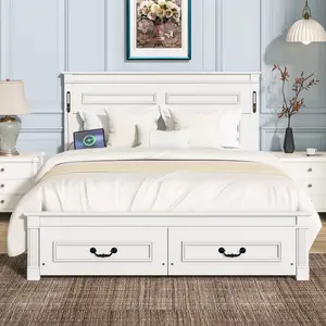 Queen Size Platform Bed Frame with Tall-Panel Headboard & Footboard, 2 Storage Drawers, Built-in LED Lights, USB Charging Station, Pinewood Bed with Strengthened Bed Frame, No Box Spring Needed, White