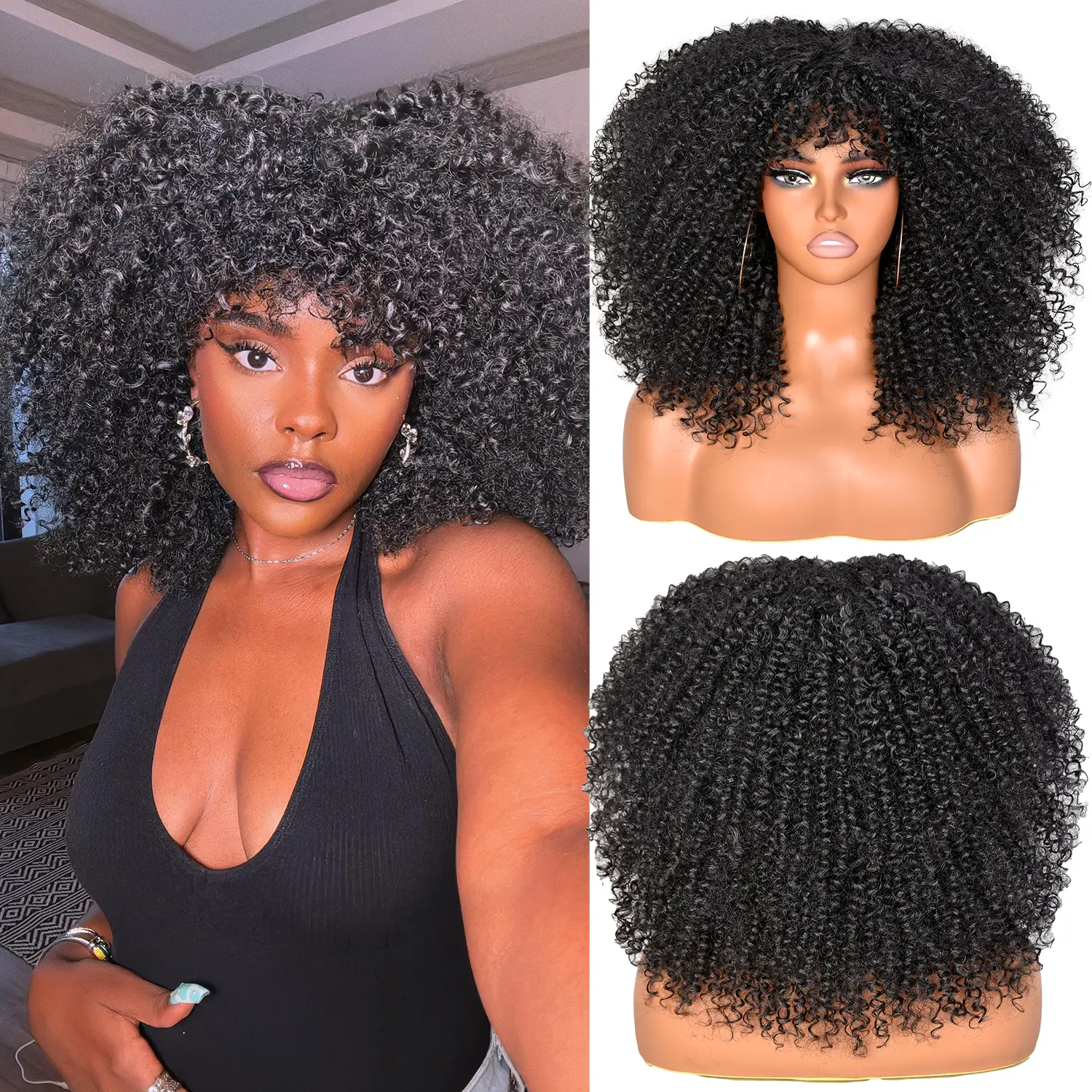 16Inch Curly Wigs for Black Women Black Afro Bomb Curly Wig with Bangs Synthetic Fiber Glueless Long Kinky Curly Hair