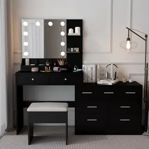 Spaco Vanity Desk with Lighted Mirror Black Makeup Vanity with Charging Station Hollywood Bulbs Three Color Dimming Lights Large Storage Drawers Shelves and Cushioned Stool for Bedroom