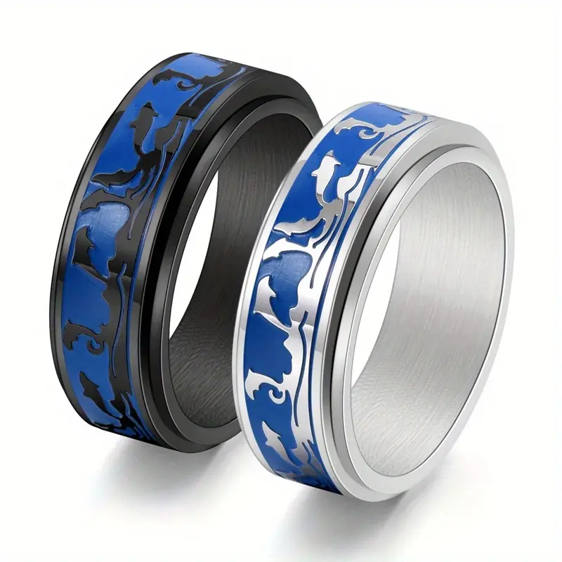 Men's Fashion Spinner Ring, Rotatable Stainless Steel Band with an Ocean-Themed Dolphin Pattern and Blue Enamel Inlay, Elegant Fashion Rings, Fashion Rings