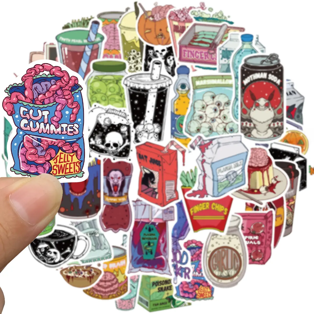 Zombie Food Stickers Pack, 50pcs Creepy Cute Halloween Decorations, Waterproof Vinyl Stickers for Laptops & More, Perfect Gift Idea!