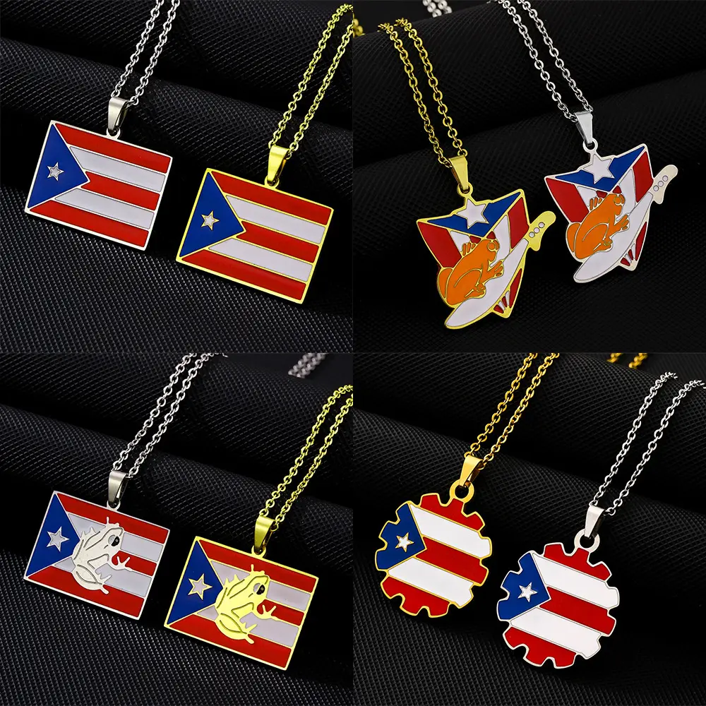 4Pcs Puerto Rico Flag Necklace Set-Boricua Flag, Coquí Frog with Guitar, Frog Flag, Gear Flag, 304 Stainless Steel Real Gold Plated, Silver & Gold Options, Adjustable 20-24in Chain