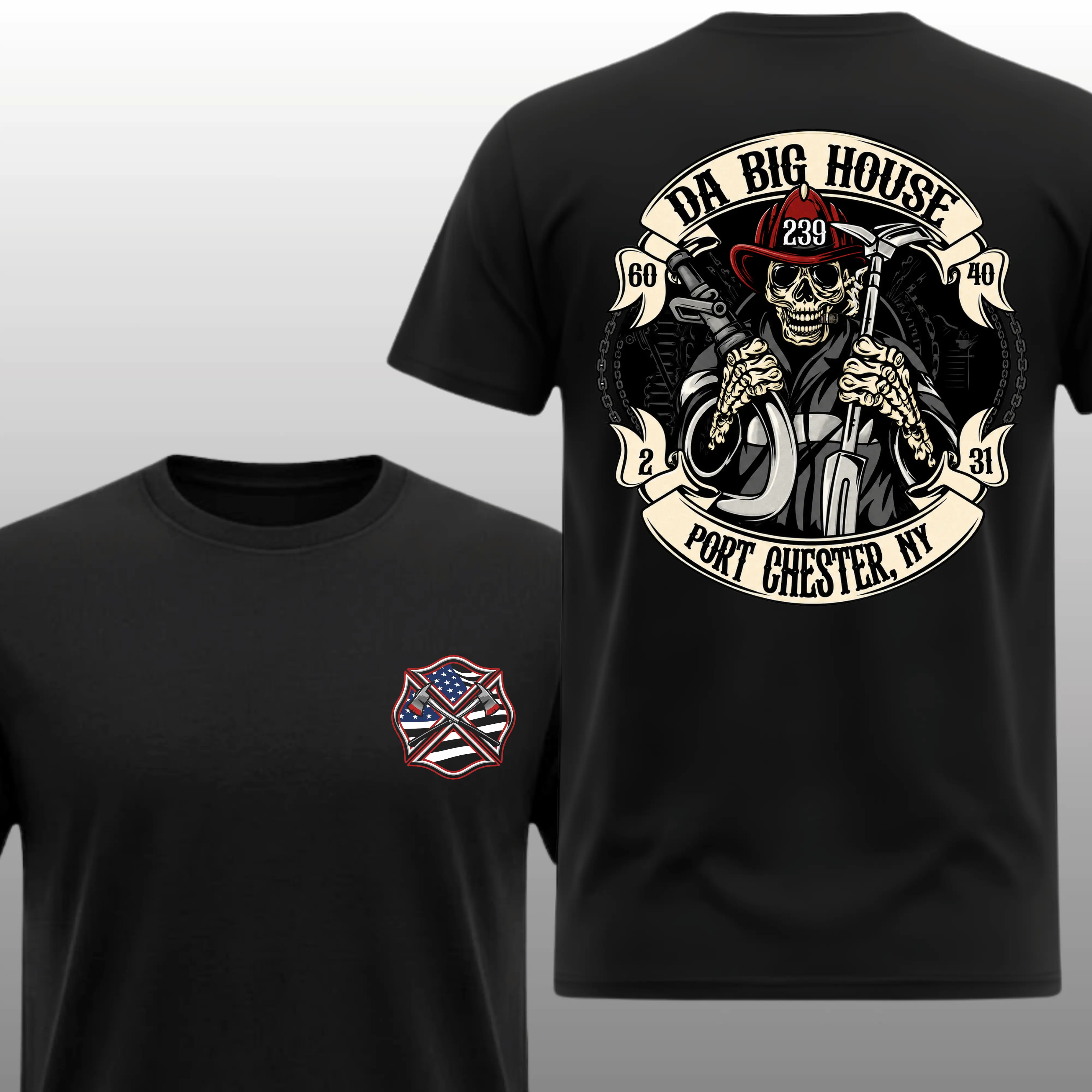Da Big House Port Chester Skeleton Firefighter T-Shirt, 2 Sides, Maltese Cross Firehouse American Flag Graphic Tee