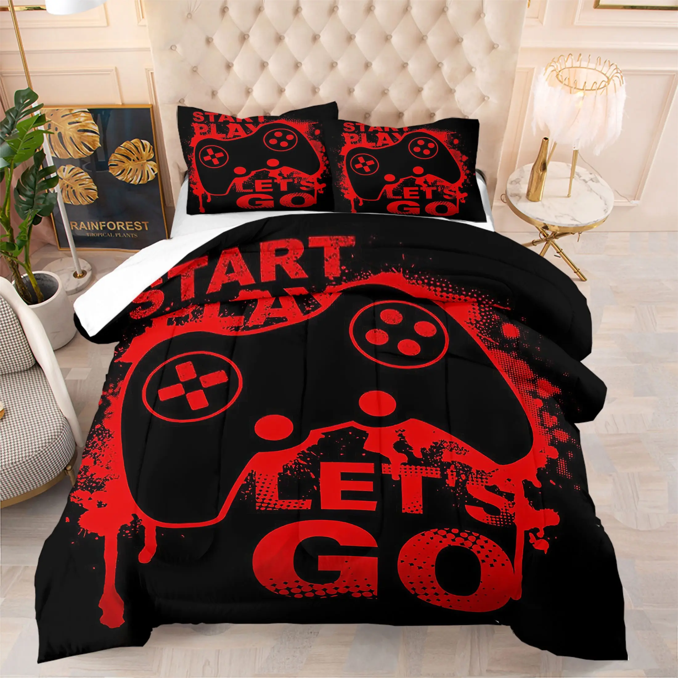 Red Black Gamer Gaming Comforter Sets,Includes 1 Comforter & 1-2 Pillowcases,Retro Game Controller Graffiti Print Bedding Sets,Soft Breathable All-Season Bed Set for Teen Boys Bedroom,Game Room & Dorm Decor,Perfect Gift for Video Game Fans
