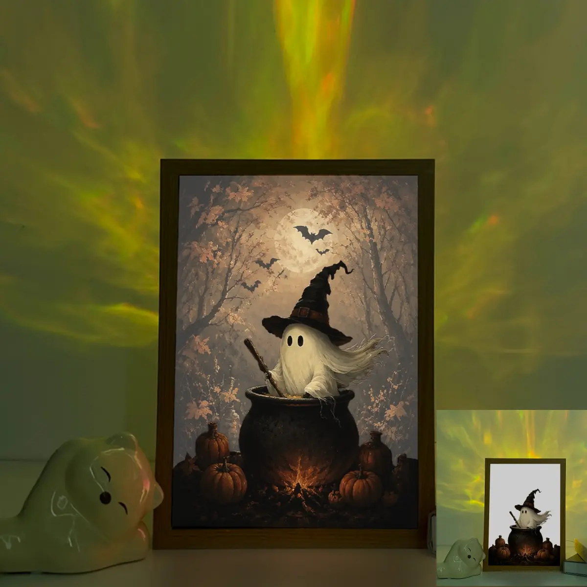 Moonlit Forest Witch Ghost Stirring Cauldron LED Light Painting USB-Powered, Adjustable Desk Lamp, Polished Wood Frame, Perfect For Bedroom Or Home Decor, Ideal Halloween & Birthday Gift, LED Lights For Bedroom, Interior Led Lights, Indoor Room Lights