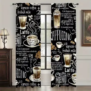 2 Piece Coffee Series Print Curtains, Fashionable Rod Pocket Window Drapes for Bedroom and Living Room, Comfortable Atmosphere, Easy Installation