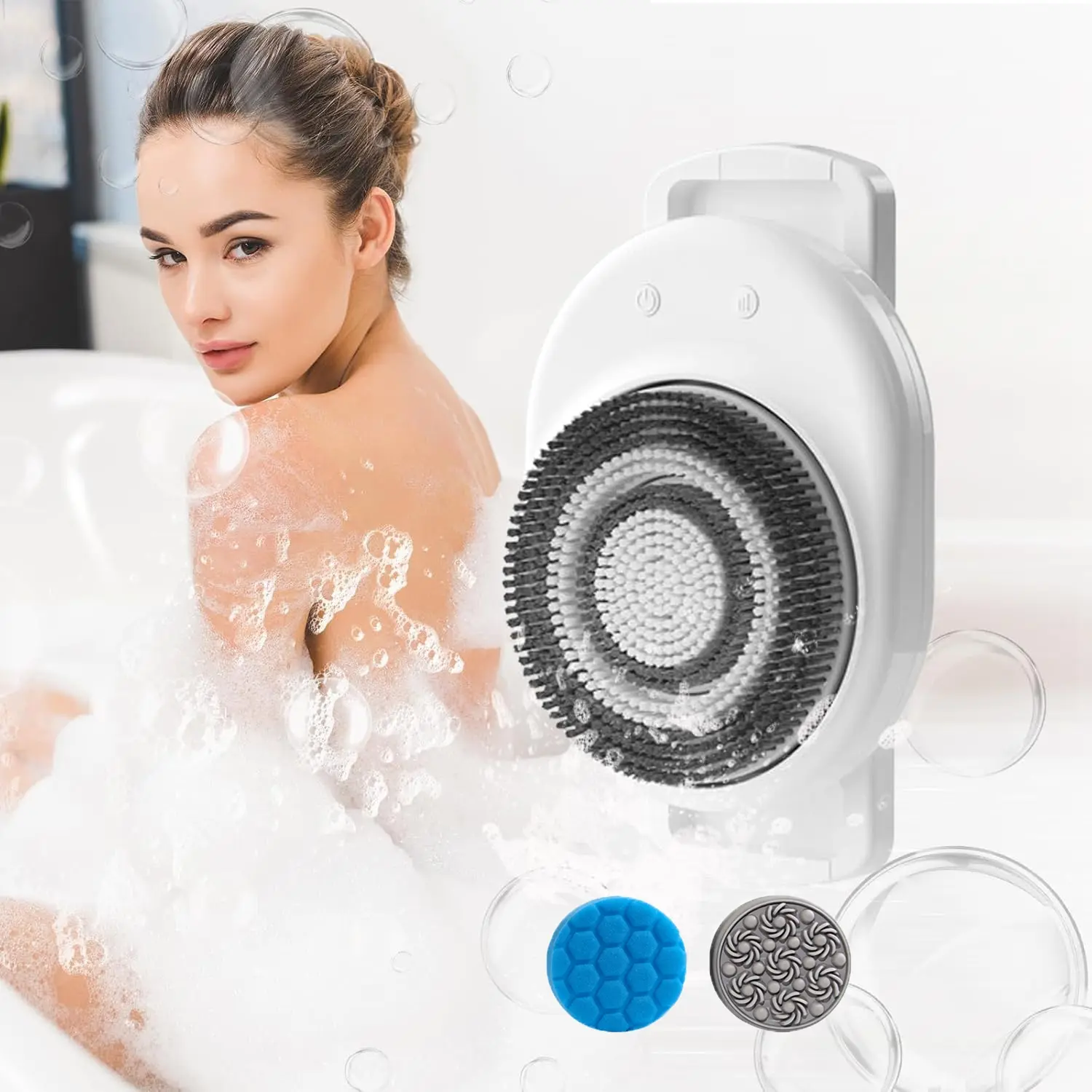 Electric Back Scrubber for Shower, 2 Replaceable Brush Heads, Wall-Mounted, 3-Speed Adjustment, Smart Shower Massager, Electric Body Brush with Soft Bristles,