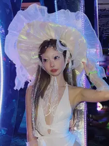 PearlWhite Dreamy Jellyfish Hat with Iridescent Streamers Fabric Halloween Mask for Music Festivals & Parades