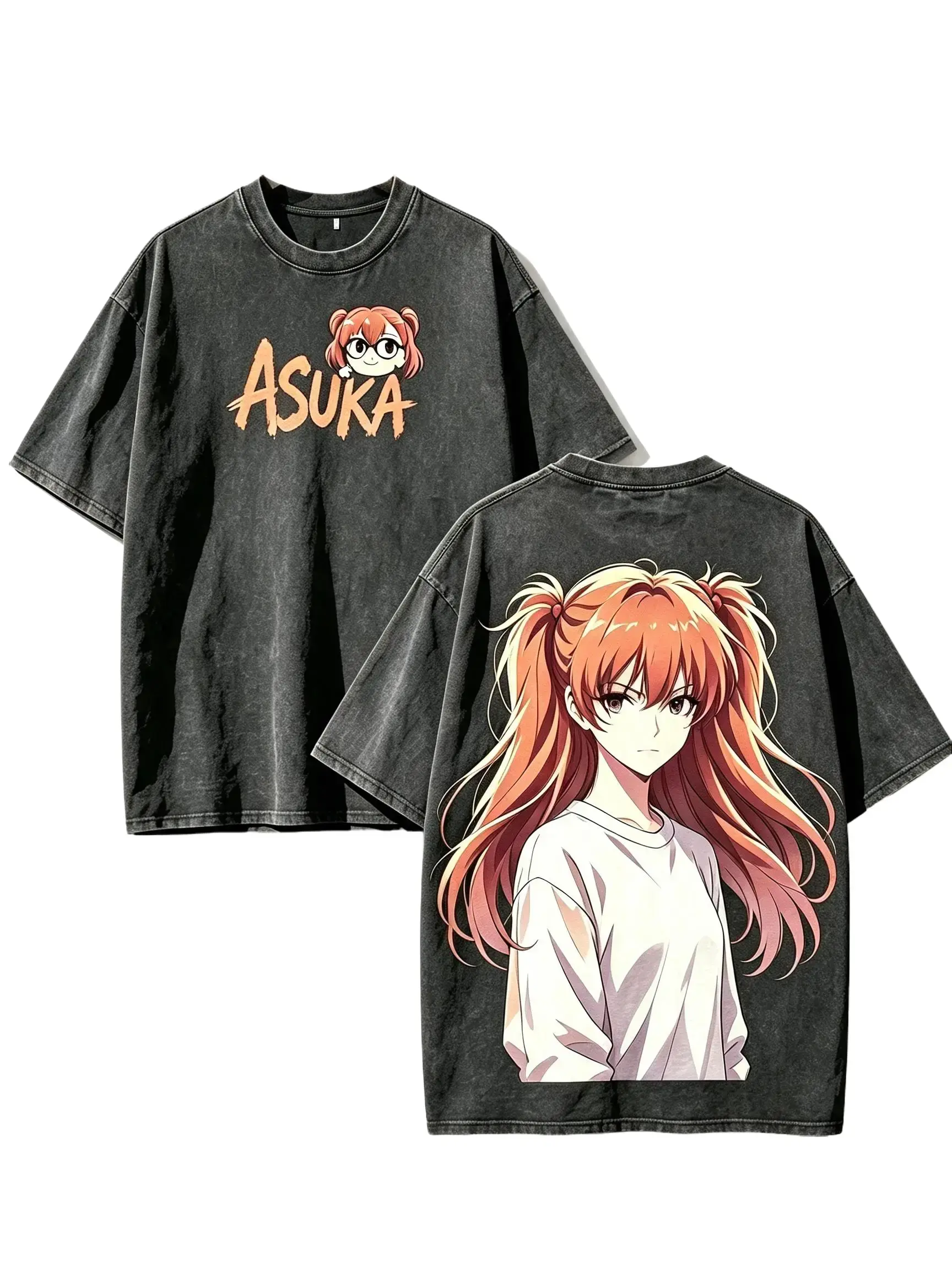 Neon Genesis Evangelion Asuka Anime Graphic Tee, Vintage Washed 100% Cotton Oversized Crew Neck T Shirt, Front Asuka Chibi Logo & Back Asuka Langley Character Art Streetwear Top graphic apparel Casual streetwear top