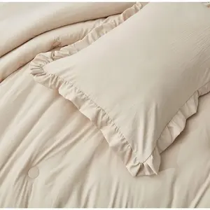 Nora Light Sand Comforter King Size 3-Fluffy Lightweight Ruffled Edge Trim-Washed Microfiber Comforter for