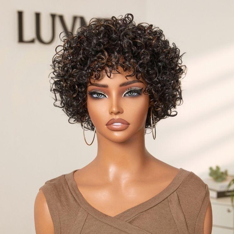 【LIVE】Brown Highlight Throw On & Go Short Bouncy Curls with Bangs Glueless Wig 100% Human Hair - US Only