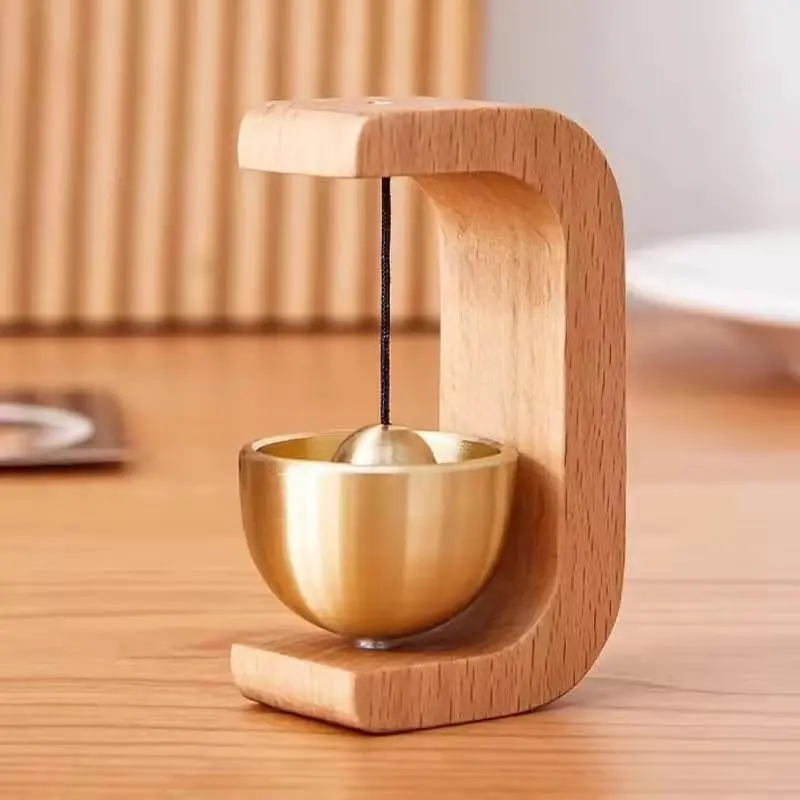 No-Drill C-Shaped Magnetic Doorbell with Japanese Brass Bell, Beech Wood Base, Bell Band, Melodious Ring - 3 in High, Suitable for Bedrooms, Cafes, Country-Style Home Décor