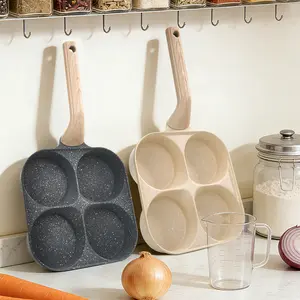 Non-stick Egg Frying Pan, 4 Holes Skillet with Handle, Multifunctional Omelet Cookware, Wooden Handle Breakfast Pan for Eggs Pancakes Burgers, Easy Breakfast Cooking, Graduation Gift