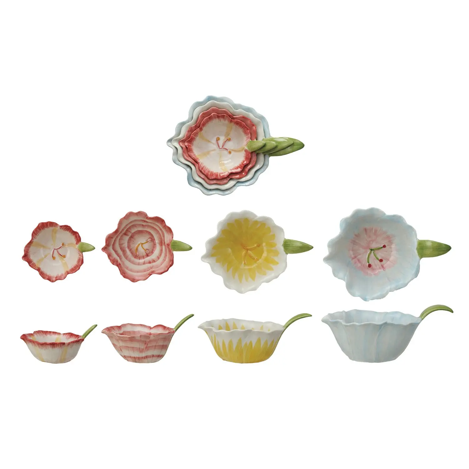4-Piece Hand-Painted Stoneware Flower-Shaped Prep Bowls - Pottery Glaze, Floral Print, Artisanal Pottery, Ceramic Decorative Food Grade Kitchen Tableware Serving Bowls, Ceramic Bowls
