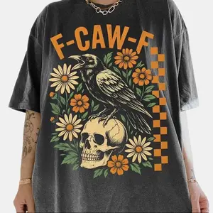 Crow Raven Shirt, F-CAW-F Funny Halloween Tshirt, Gothic Floral Checkered Shirts, Dark Bird Teee, Crow Bird Humor T-Shirt