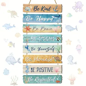 Nautical Wooden Set - "Be Kind, Be Happy, Be Brave" Inspirational Beach-Themed Wall Decor with Seashells & Lighthouses for Home, Bedroom, Living Room, Porch, Poolside | Motivational Wooden Decor for Spring & Summer Outdoor Decoration, Wall Art Hanging