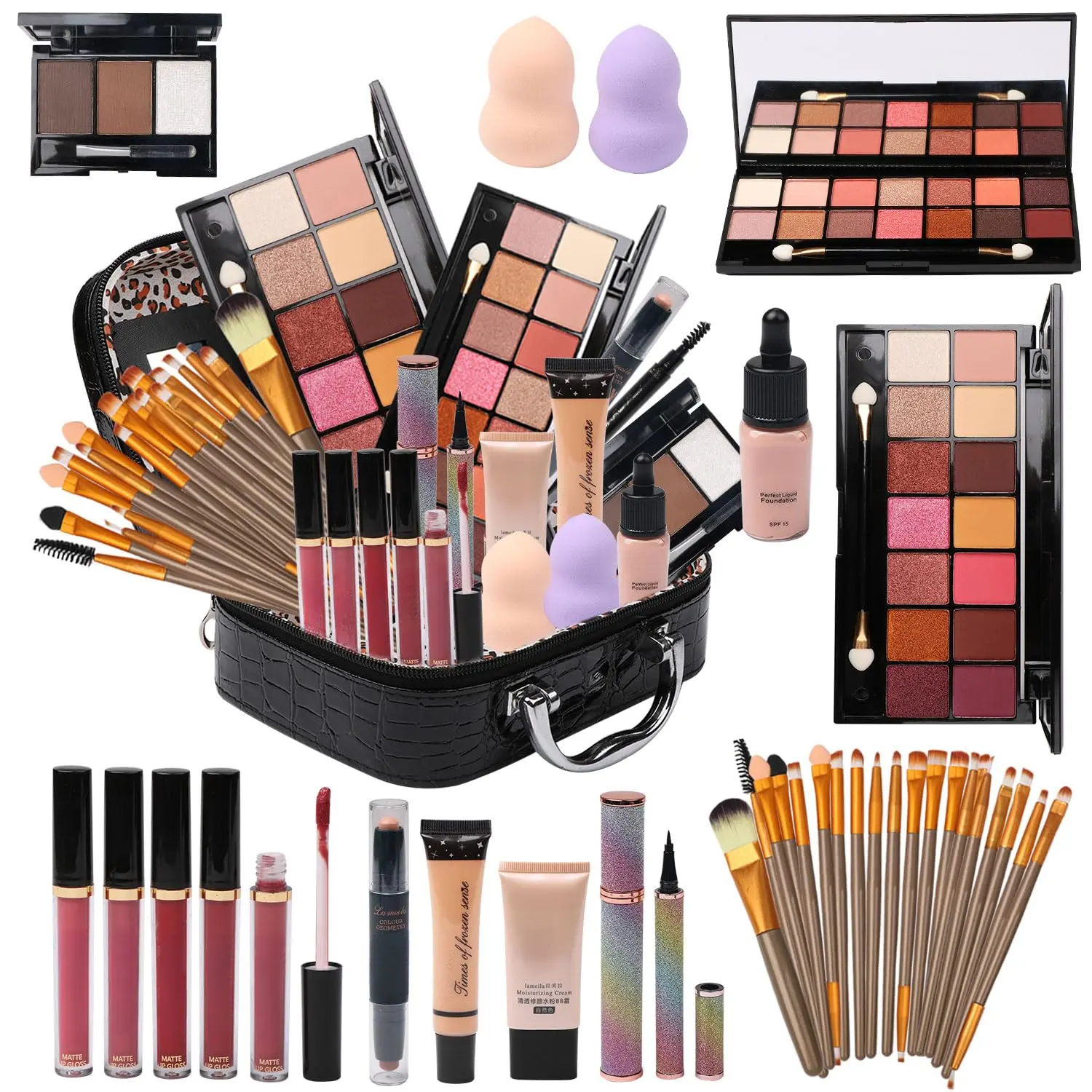 Makeup Kit in One - 20 Pieces of Eyeshadow, Liquid Foundation, Eyeliner, Pencils, Contouring Stick, Lip Gloss & Makeup Brushes for Women & Teens makeup  bundle  box
