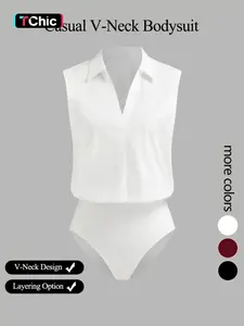 Women's casual loose V-neck long-sleeved shirt jumpsuit Bodysuits, elegant woven fabric, slim fit, suitable for all seasons, and can be layered flexibly.