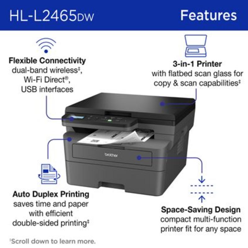 Brother HL-L2465DW Wireless Monochrome Laser Printer with Print Copy Scan Duplex & Mobile Printing Compact Multi-Function Solution