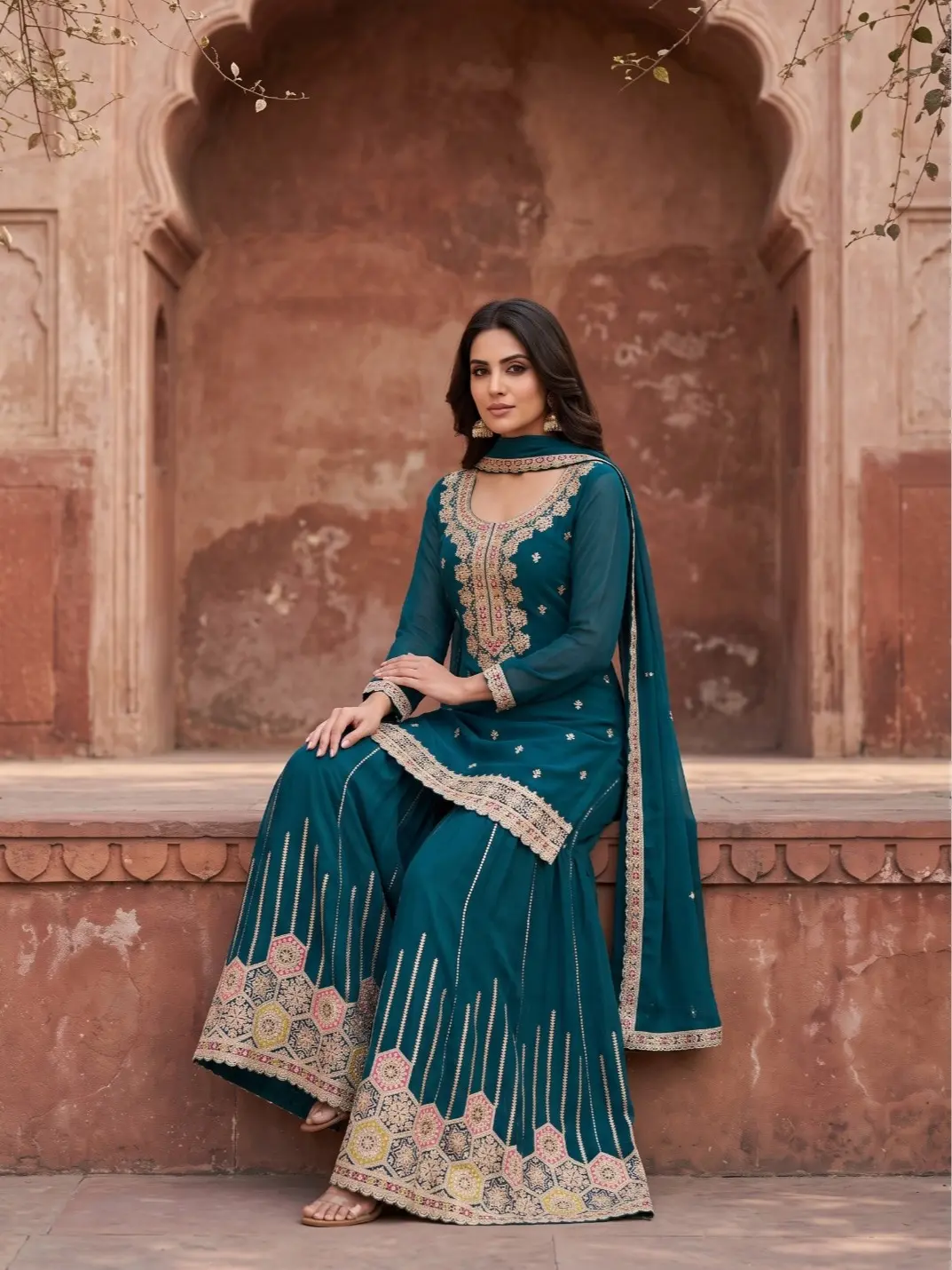 Premium Chinon Sharara Set for Women – 3-Piece Ethnic Party & Festive Wear Elegant Outfit