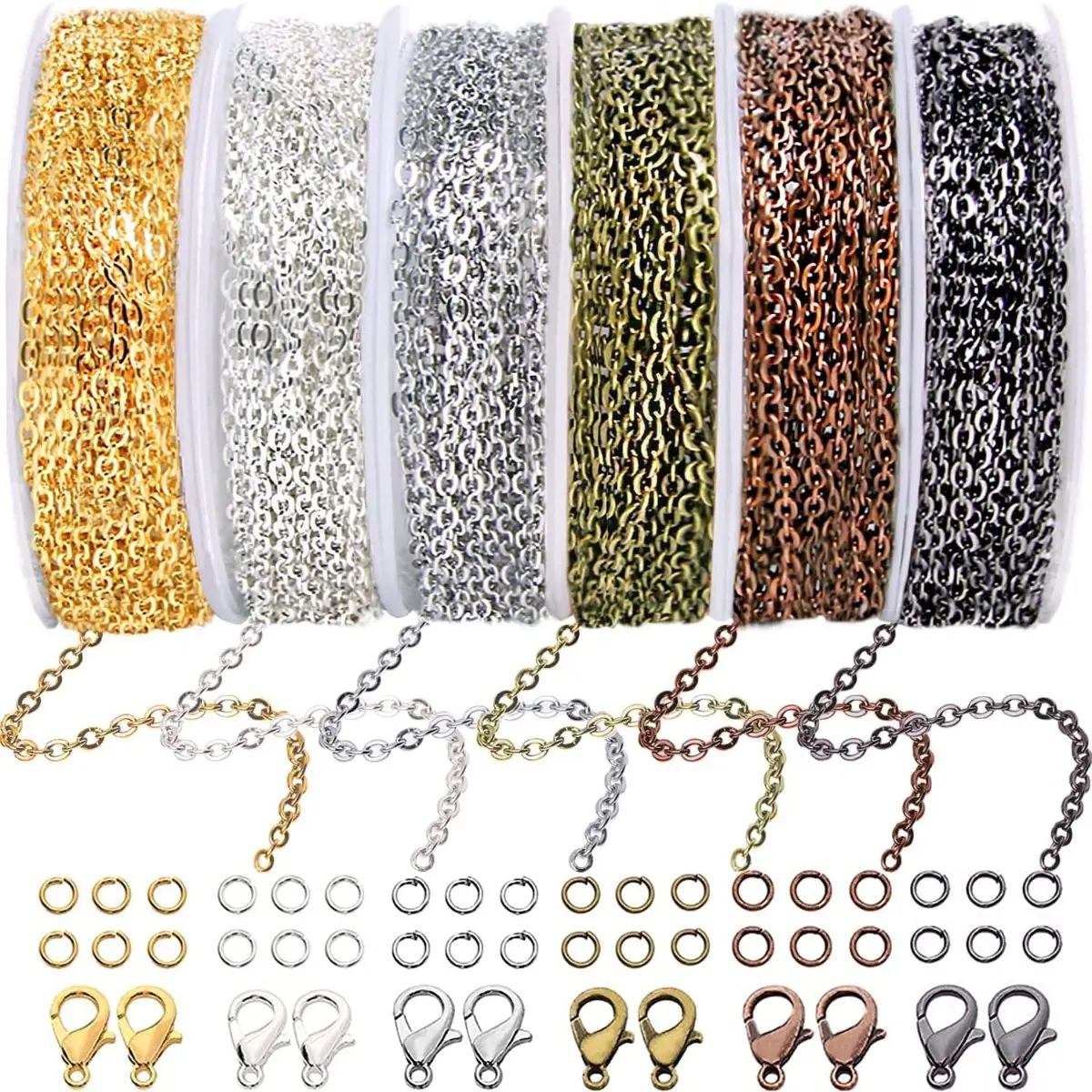 6-roll jewelry making chain set -3 meters per roll, with 60 lobster clasps and 180 open loops, used for making jewelry necklaces, earrings, bracelets