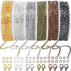 6-roll jewelry making chain set -3 meters per roll, with 60 lobster clasps and 180 open loops, used for making jewelry necklaces, earrings, bracelets