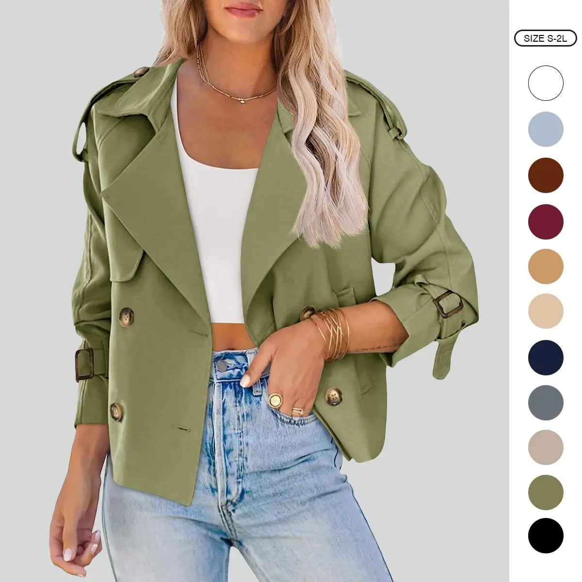 Imily Bela Women's Double Breasted Cropped Trench Coat, Feminine Business Jacket, Long Sleeve Outerwear Tops for Holiday, Party, Outdoors, Style