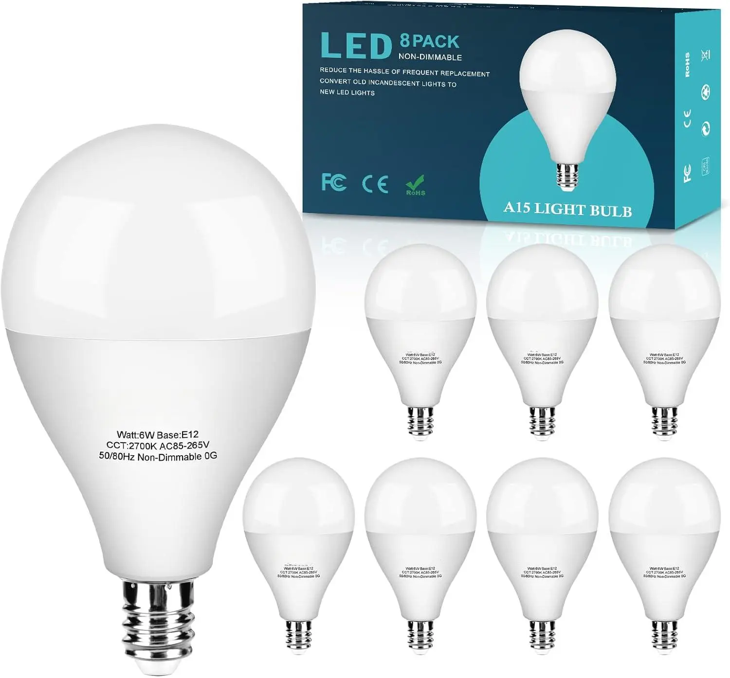 8-Pack E12 Candelabra Base LED Bulbs, 60W Equivalent A15 Ceiling Fan Light Bulbs, 2700K Warm White, 600LM, Non-Dimmable, Home Improvement Lighting Accessories