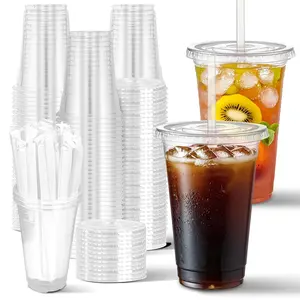 20 oz Clear Plastic Cups with Lids and Straws, Reusable To Go Cups for Cold Drinks, Coffee Bar Accessories, Iced Coffee, Smoothies, Milk Tea Cup